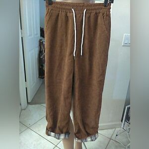 NWT FASHION Brown Corduroy Drawstring Pants CUFF PLAID HEMS  SZ. SM (UNCUFF TOO)